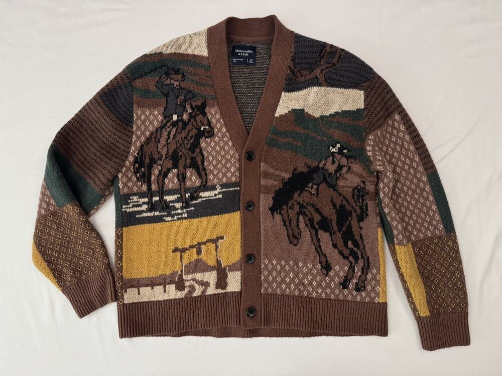 Abercrombie & Fitch Sweater Mens XS Brown Cowboy Western Patchwork Cardigan